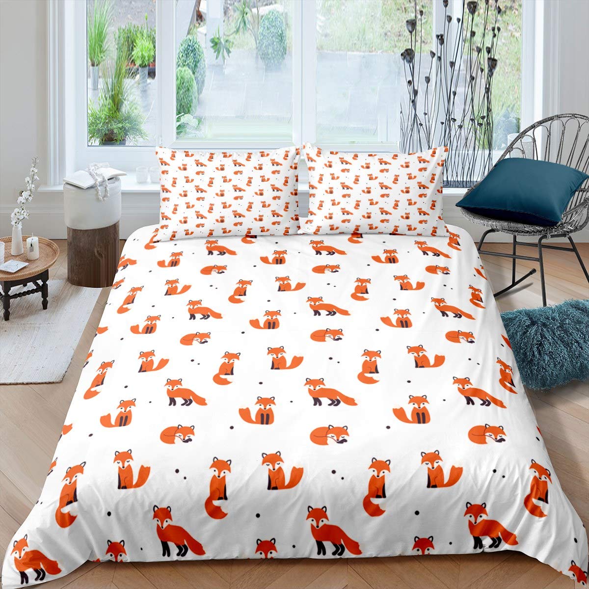 Fox Print Duvet Cover Set for Kids Boys Girls Cartoon Fox Comforter Cover 3D Animal Theme Bedding Set Woodland Fox Quilt Cover Bedroom Decor 3Pcs Bedcloths Double Size