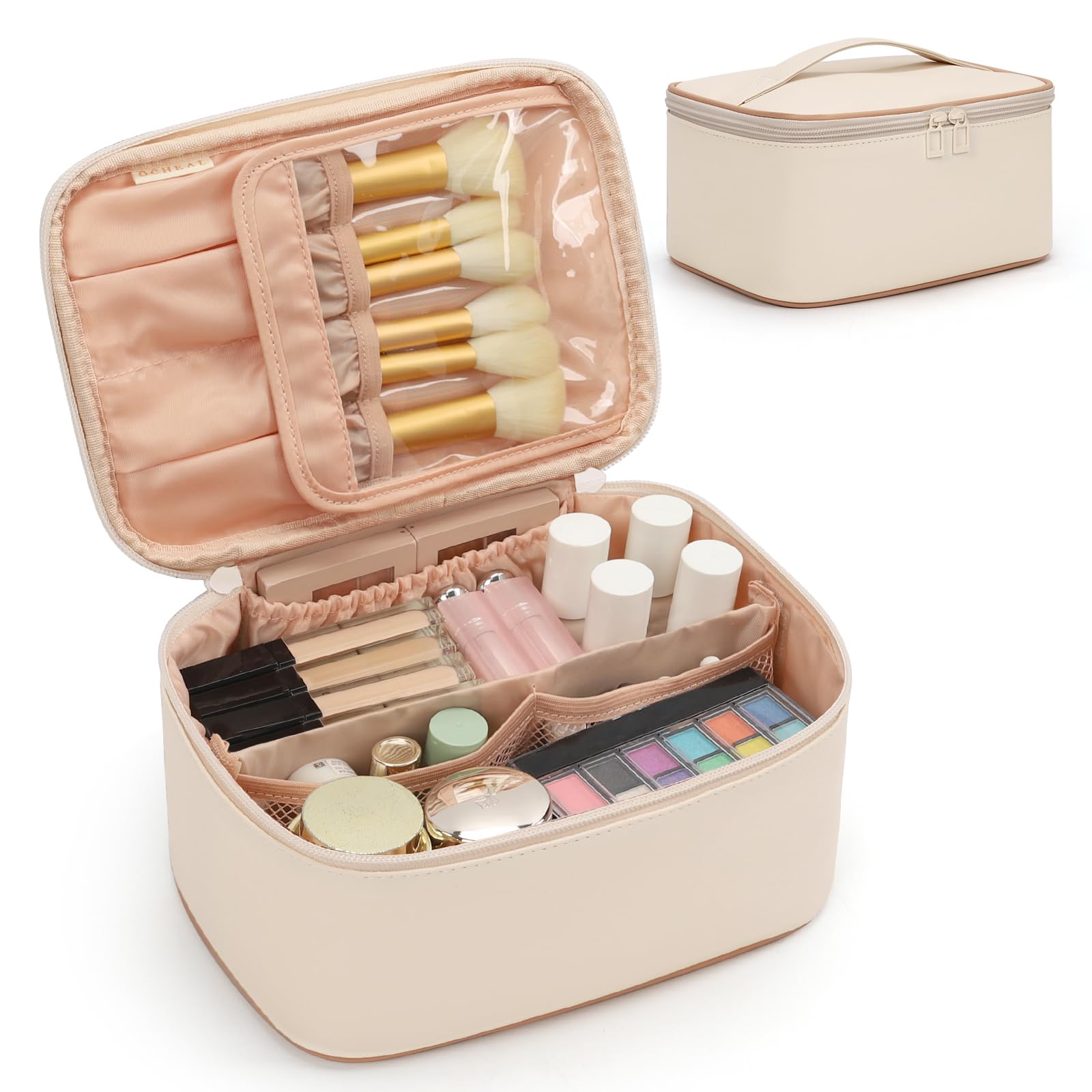 Travel Makeup Bag, Portable Cosmetic Bag with Makeup Brush Organiser Large Capacity Make up Case Water-Resistant Toiletry Bag for Women Travel Essentials, Cream