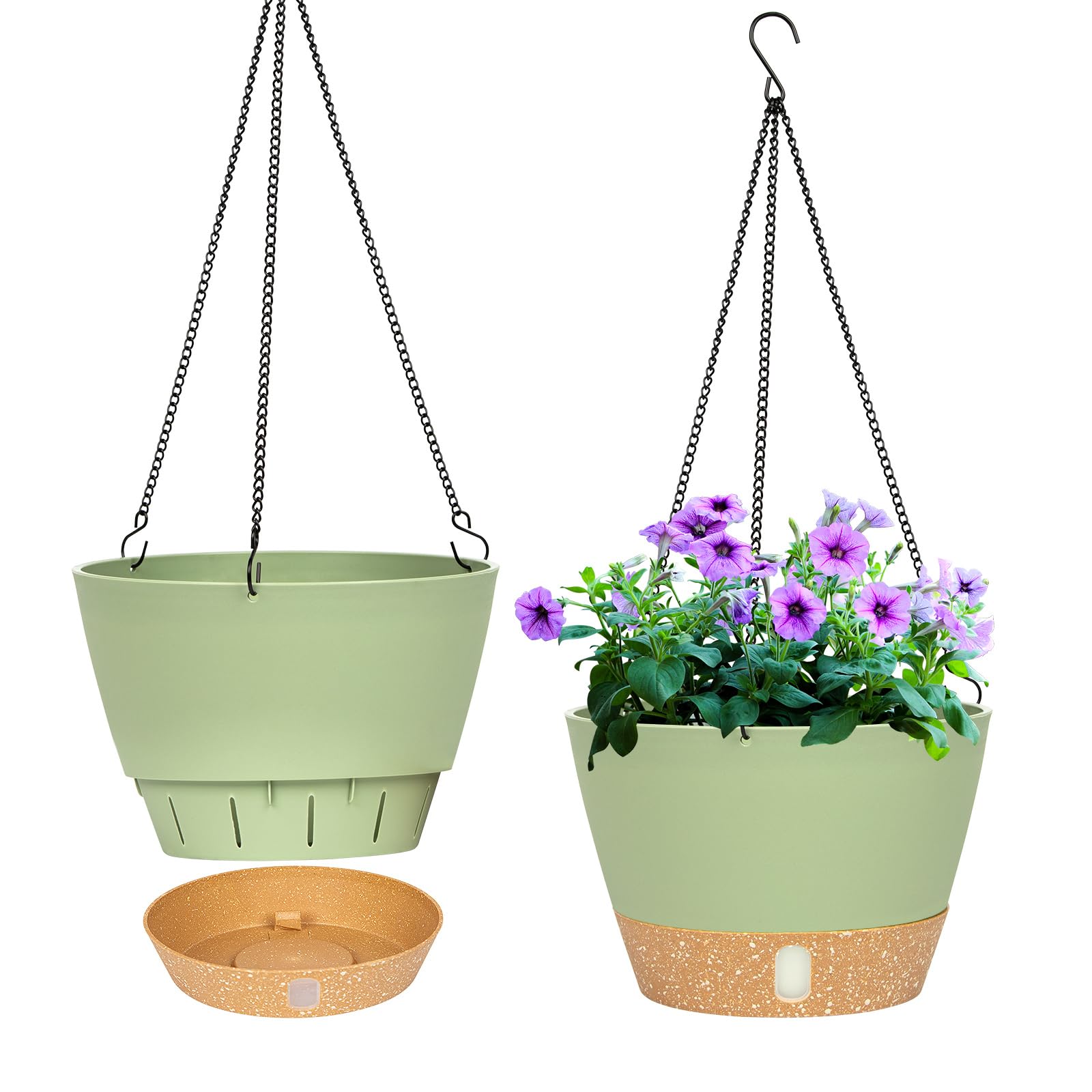 QCQHDU 2 Pack Hanging Planters Set,20cm Indoor Outdoor Hanging Plant Pot Basket,Hanging Flower Pot with Drainage Hole with 3 Hooks for Garden Home (Green)