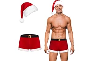 RSLOVE Mens Christmas Lingerie Set - Santa Boxer Gifts Men Red Briefs Holiday Shorts Costume Underwear Outfits 2PCS With Hat