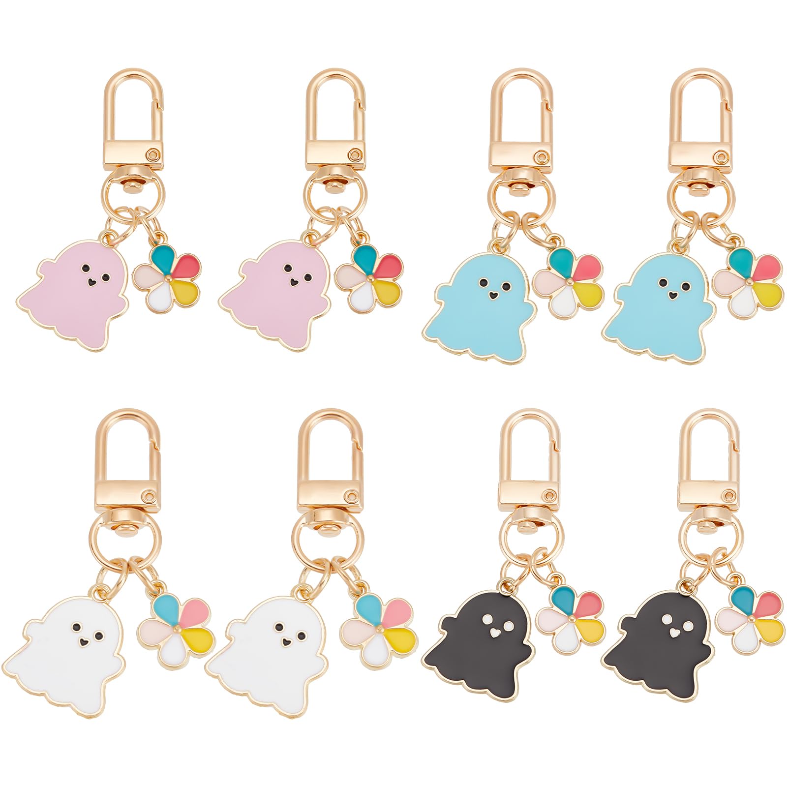 CRASPIRE 8Pcs Halloween Keychains 4 Color Enamel Ghost Cartoon Keyrings Metal Hanging Key Chain Snap Hook Cute Colorful Pendants for Earphone Bag Wallet Backpack Charm Decorations Pendant Party Favors