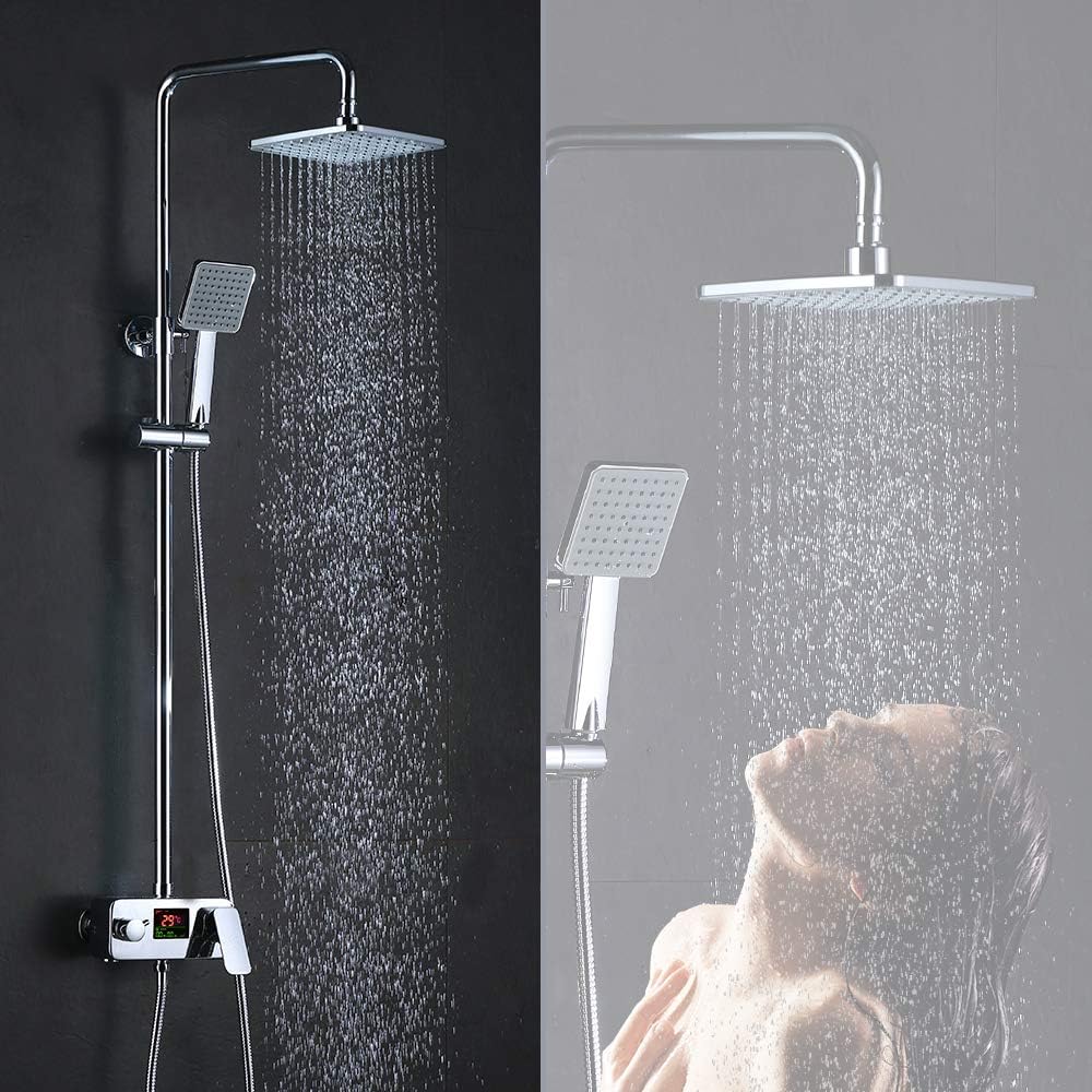 HOMELODY Shower System with LCD Display, Wall Mounted Circular Chrome Bathroom Shower Mixer with Rainfall Shower Head, Handheld Shower, Wall Rail, Water-Saving, Scalding Protection
