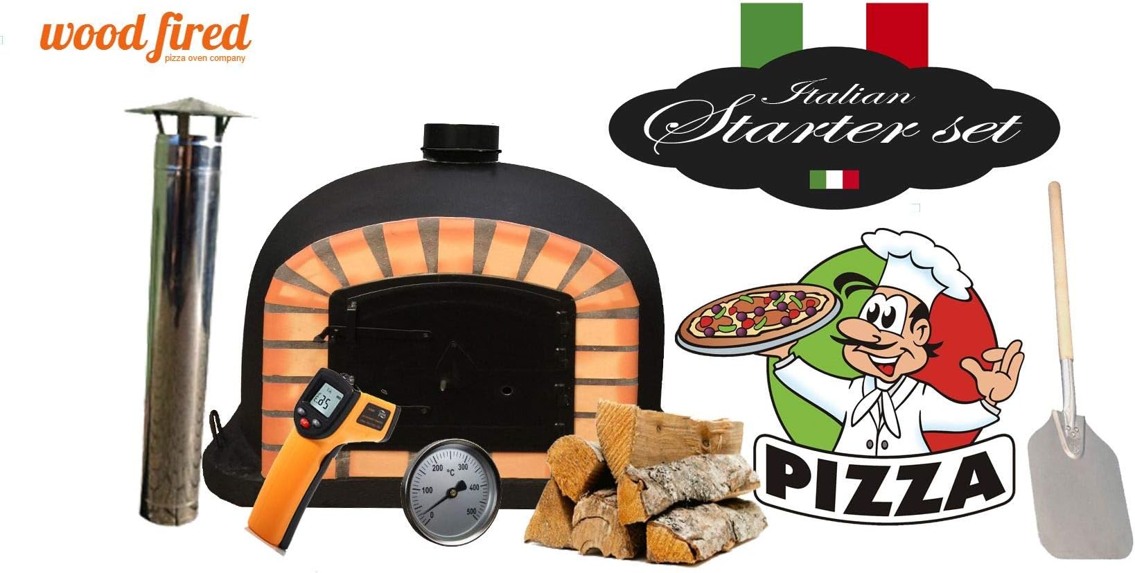 Black Deluxe Wood Fired Pizza Oven Starter Kit, Orange Arch, Black Door, 100cm x 100cm