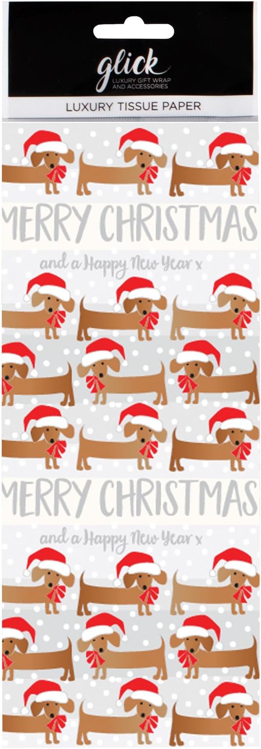 Sausage Dogs in Santa Hats 'Merry Christmas & a Happy New Year' Printed Patterned Tissue Wrapping Paper by Glick Luxury 4 Sheets 50 x 75cm
