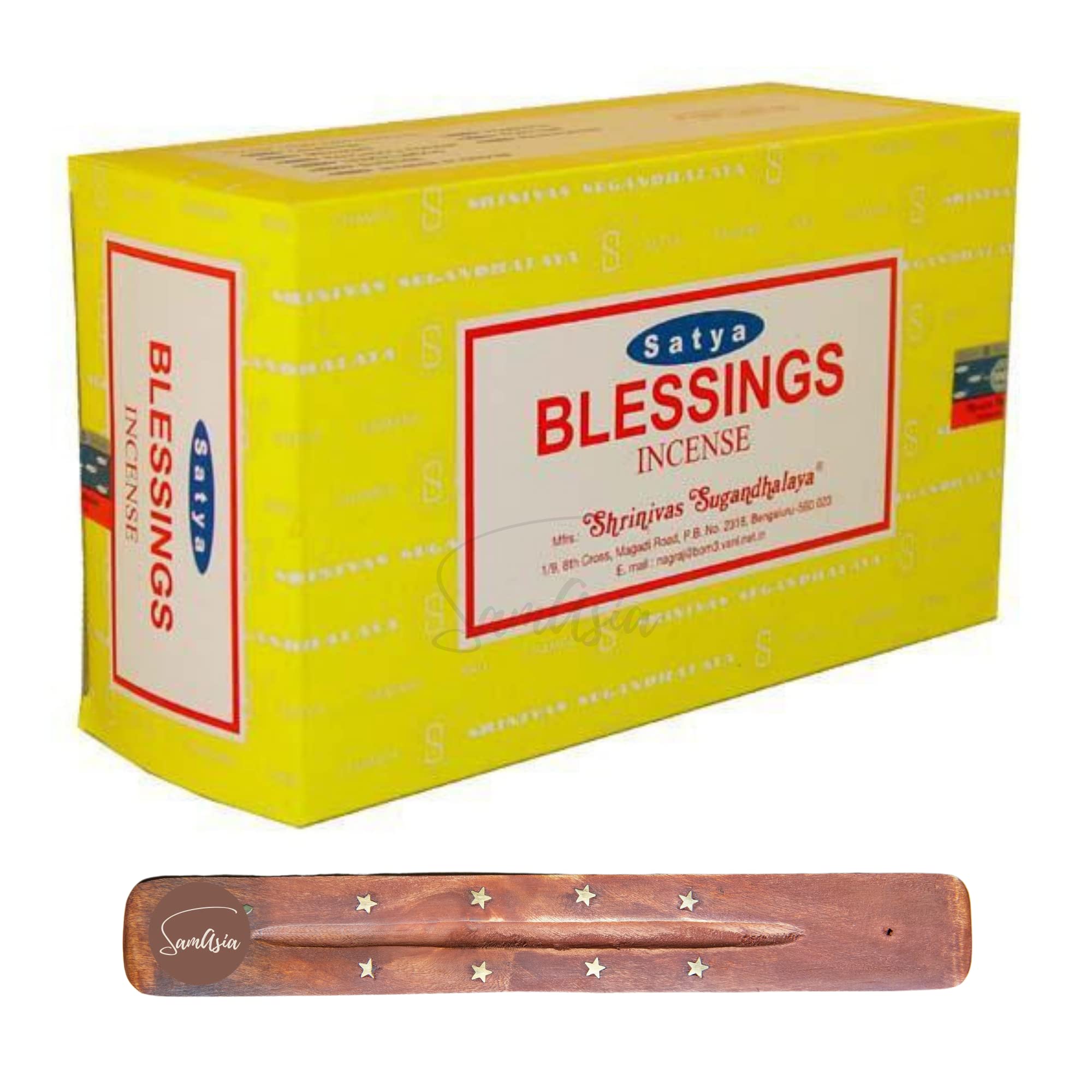 Satya Nag Champa Blessings Incense Sticks | x12 pack | with SAMASIA incense sticks holder | Used for Blomatherapy, Spa, Yoga, Weddings, Meditation, Healing, Positivity and Relaxation