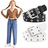 WERFORU Kids Double Grommet Belts With Holes for Girls Boys PU Leather Two Row Grommet Waist Belt for Jeans Dress