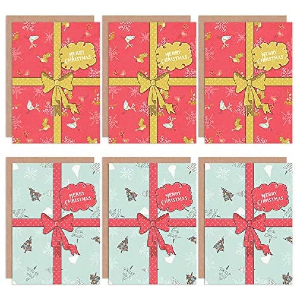 Wee Blue Coo Christmas Cards x6 Present Ribbon Gift Snowflake (2 Designs)