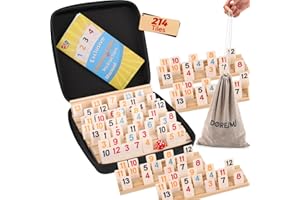 Doreimi Upgraded Rummy Cube Game Set 6-8 Players with 8 Wooden Holders and 214 Rummy Tiles, Travel Family Board Game for Adults and Kids