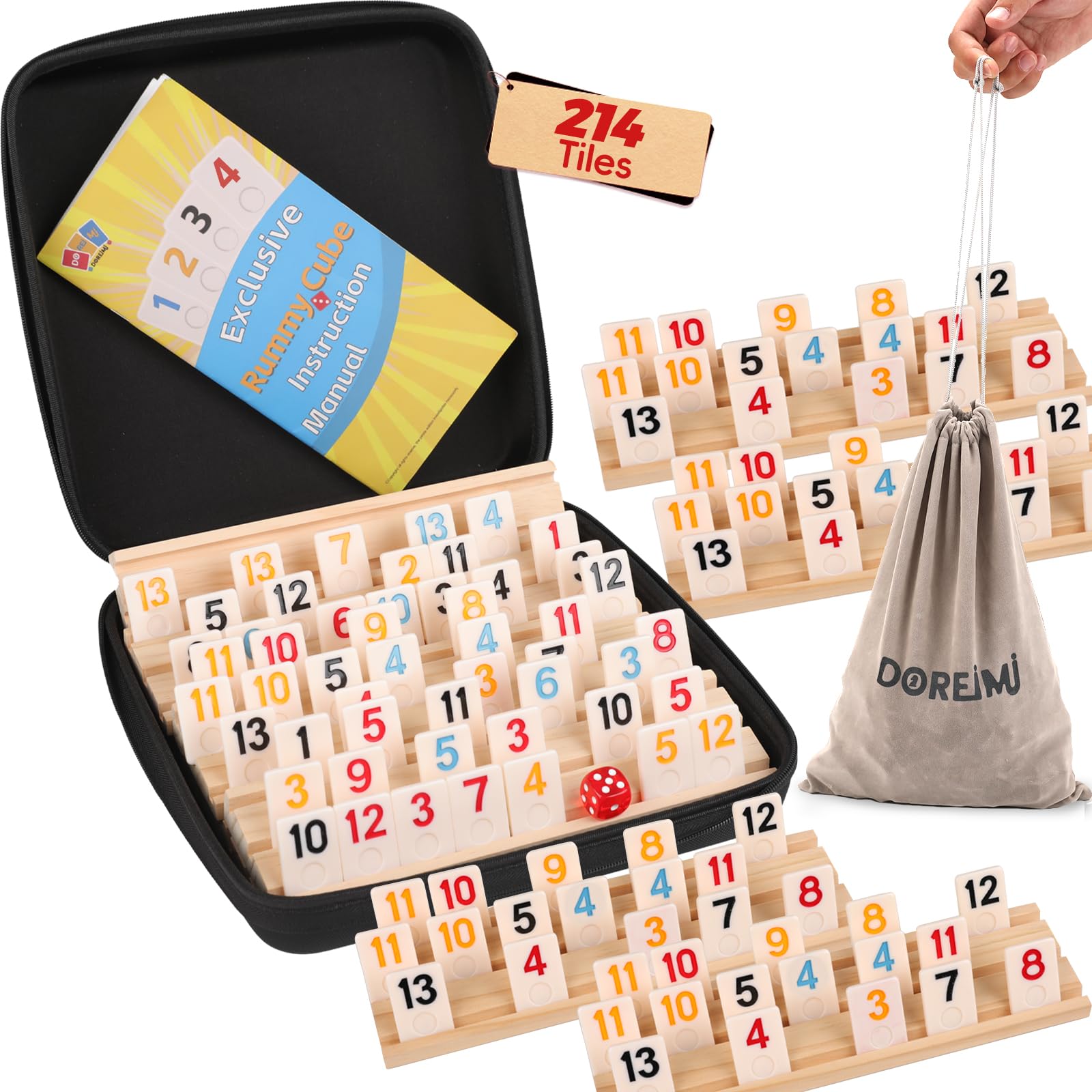 Photo 1 of Doreimi Upgraded Rummy Cube Game Set 6-8 Players with 8 Wooden Holders and 214 Rummy Tiles, Travel Family Board Game for Adults and Kids Age 8+,Birthday Gifts for Women Men Dad Mom