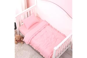 JISEN 3 Piece Crib Bedding Set Soft Baby Ruffle Crib Comforter Set with Quilt, Sheet, Pillowcase - Nursery Bedding for Boys or Girls Pink