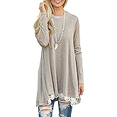 Andaa Women's Crew Neck Long Sleeve Lace Splicing Swing Shirt Dresses Long Tunic Blouses Shirts for Leggings