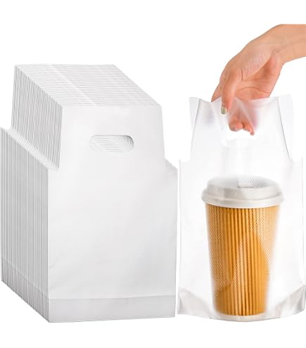 Yakicag Bolsas De Embalaje De Plástico De Polietileno Con Asa Transparente, Portadores De Bebidas Para Entrega, Soporte Para Tazas, Bar, Restaurante, Cafetería, Suministros Para Tazas (paquete De 100