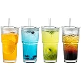 20 oz Ribbed Glass Tumbler with Lids and Straws - 4 Pack Iced Coffee Cups, Thickened Glass,cups for Iced Coffee, Smoothies, Cocktails and Juices 20.6 Cu. Ft.Freezer Refrigerator