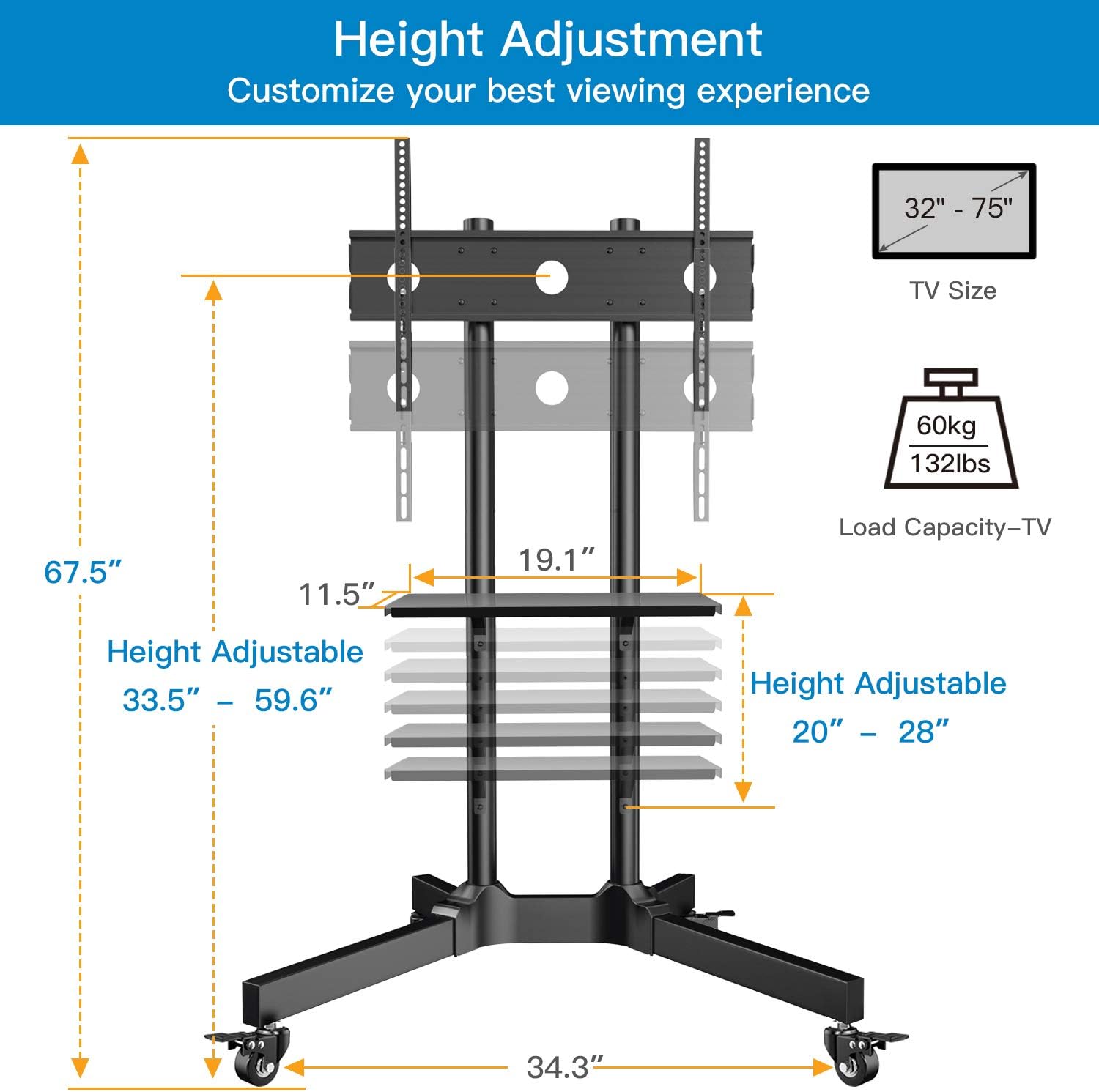 Mobile TV Cart with Wheels for 32-75 Inch LCD LED 4K Flat Curved Screen TVs- Height Adjustable Rolling TV Stand Hold Up to 132 lbs- Trolley Floor Stand with Tray Max VESA 600x400mm : Office Products