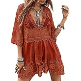 Eomenie Women's Contrast Lace Bathing Suit Cover Up V-Neck Swimsuit Coverups Loose Swimwear Beach Dress Beachwear