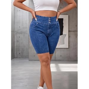 Women's High Waisted Biker Shorts, Denim Print Bodycon Shorts, 3-Button Decor Elastic Waist Knee Length Shorts