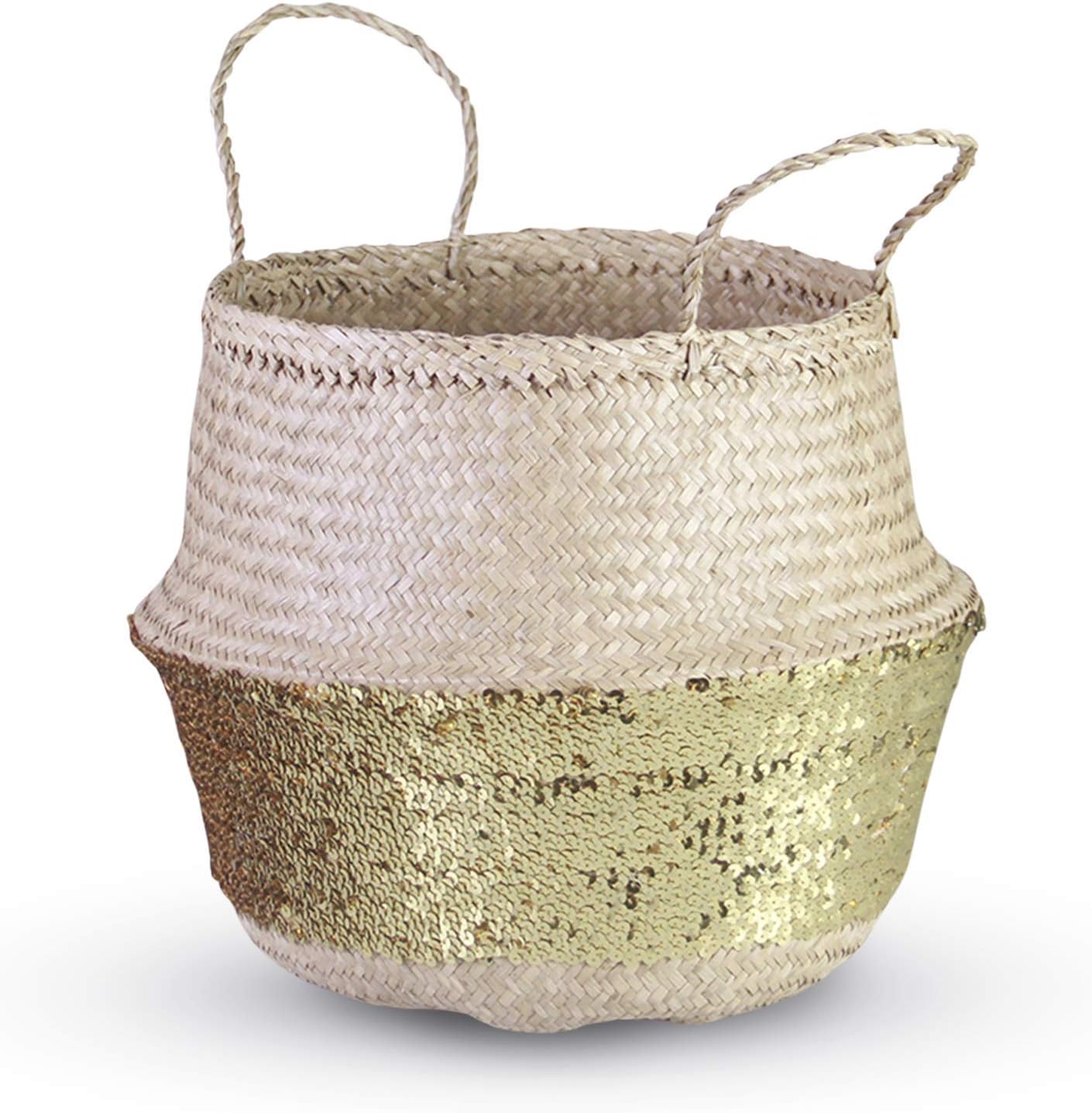 HandyMake Seagrass Belly Basket – 10 Basket Planter Styles in Small, Medium or Large for Home Décor, Laundry, Storage, Toy Organizer, Picnic, Nursery Hamper Use (Seagrass Sequins Gold, Medium)