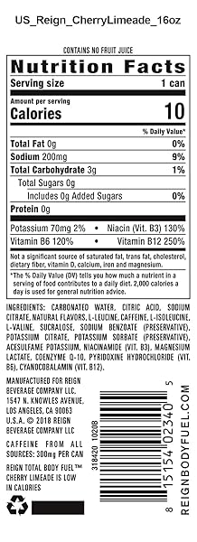 REIGN TOTAL BODY FUEL, CHERRY LIMEADE, FITNESS & PERFORMANCE DRINK, 16 FL OZ (PACK OF 12)