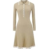 Hobemty Women's Sweater Dress Knitted Ribbed A-Line Long Sleeve Dresses