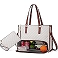 LOVEVOOK Lunch Tote Bag for Women, 15.6 Inch Laptop Bag with Insulated Lunch Compartment, Quilted Large Capacity Computer Handbag with Purse for Business, Work, Collage, Office, Casual, Beige-brown