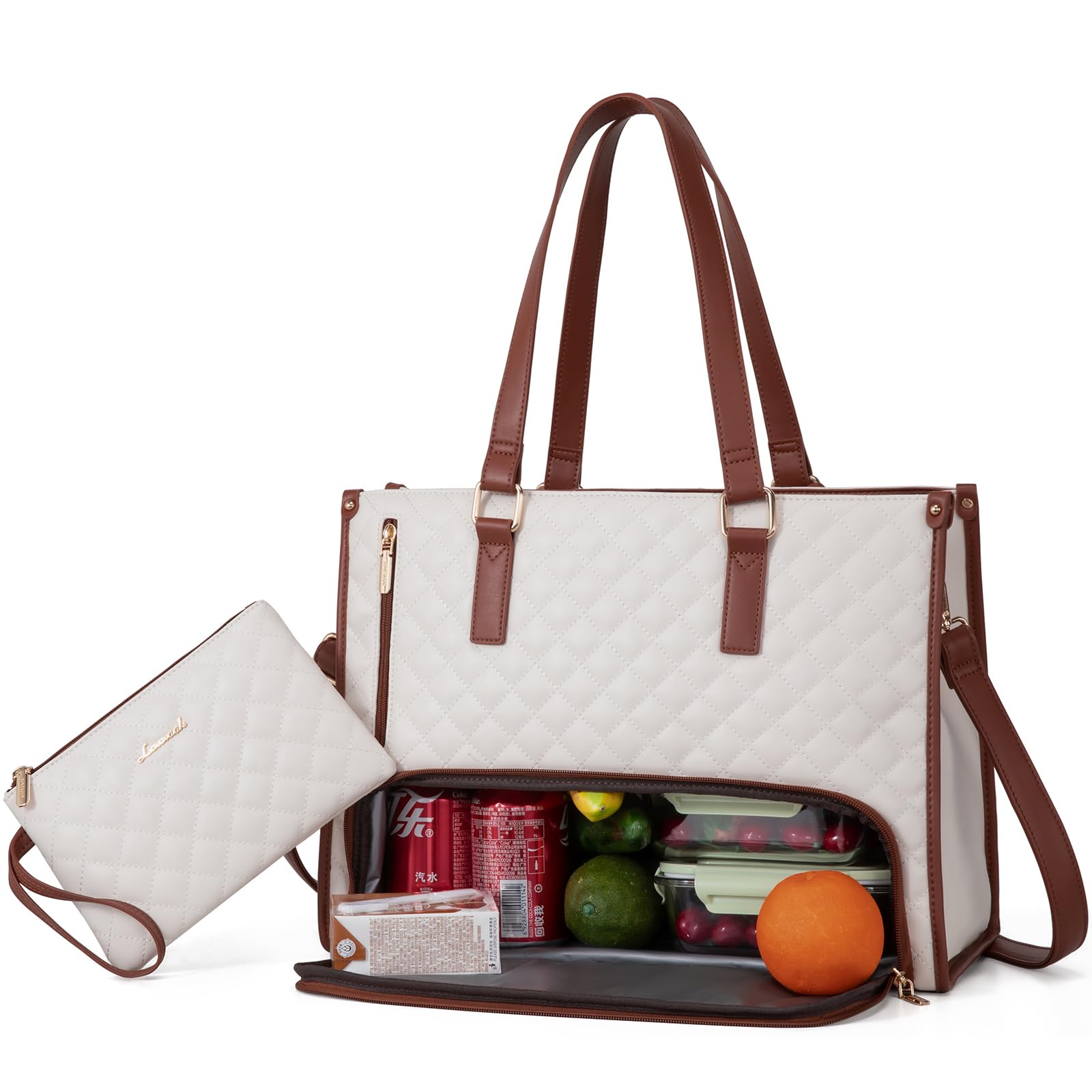 Photo 1 of LOVEVOOK Lunch Tote Bag for Women, 15.6 Inch Laptop Bag with Insulated Lunch Compartment, Quilted Large Capacity Computer Handbag with Purse for Business, Work, Collage, Office, Casual, Beige-brown
