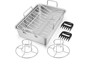16" Roasting Pan with Rack, 7 PCS P&P CHEF Stainless Steel Roaster Lasagna Pan with Cooling Flat & V-shaped Baking Rack, Grilling Chicken Holder, Meat Shredding Claws, Dishwasher & Oven Safe