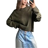 RoseSeek Women's Crew Neck Cropped Sweater Loose Fit Jumper Casual Pullover Sweaters