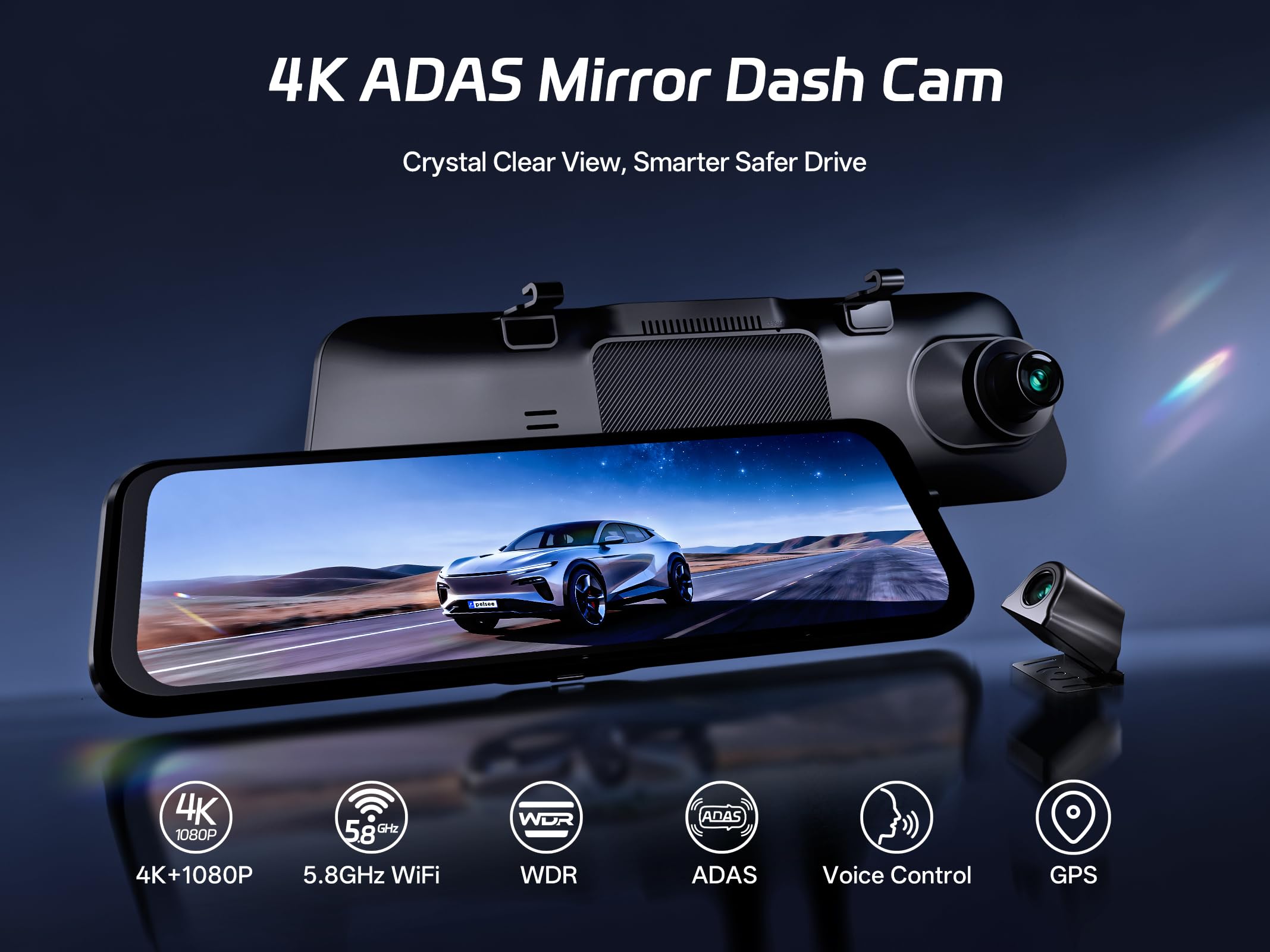 Pelsee P12 Pro 4K Mirror Dash Cam w/ADAS and BSD, 5.8GHz WiFi 20MB/s Download, Rear View Mirror Camera 4K Front and 1080P Rear, Voice Control, GPS, Color Night Vision, 12