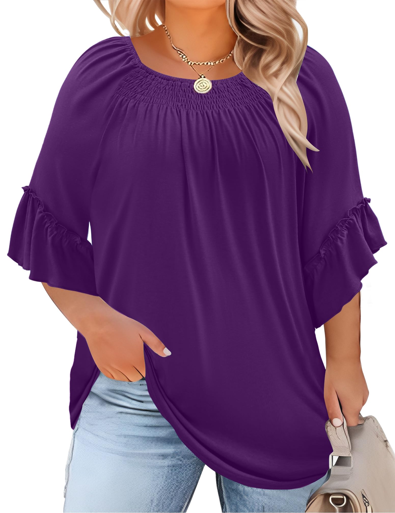 Photo 1 of 3/4 Length Sleeve Womens Tops Plus Size Peasant Tops for Women Boho Blouse Cotton Tops for Women Loose Fit Summer Shirt Purple 2XL