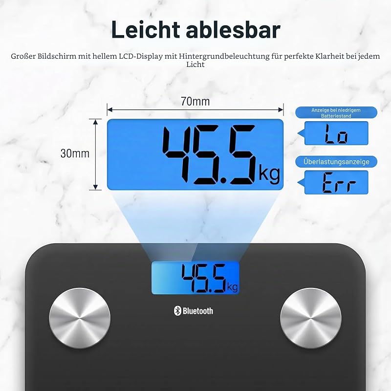 HFitness Personenwaage mit 19 Körperanalysewerten, Große 28×28cm Trittfläche, Bluetooth Körperfettwaage mit App, Digitale Körperanalysewaage Schwarz