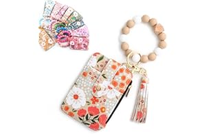 GENERIC Women's Boho Beaded Wallet with Flower Pattern, Women Boho Style Beaded & Tassel Decorated Keychain, Credit Card Holder Purse (Khaki)