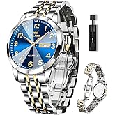 OLEVS Mens Watch, Dress Stainless Steel Analog Quartz Watches for Men with Day Date, Silver Gold Silver Two Tone Big Face Large Waterproof Luxury Casual Easy to Read Number Dial Men's Wrist Watch