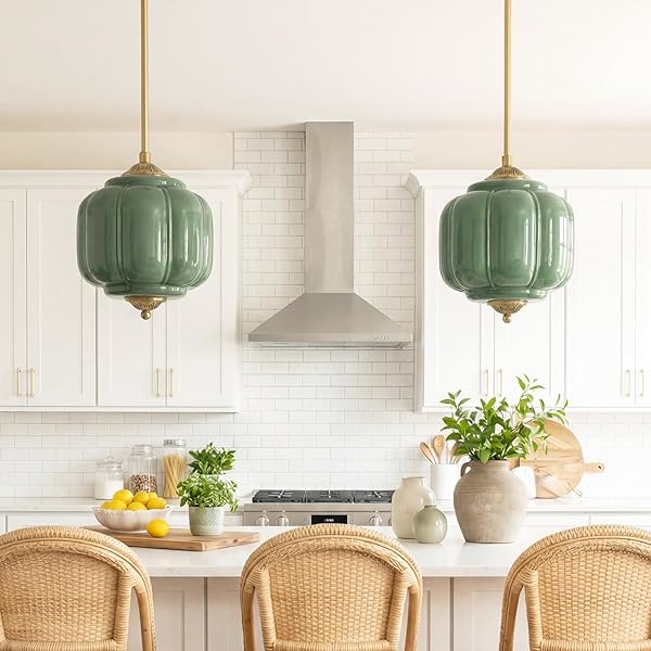 CKENSU MILK GLASS CEILING LIGHT FIXTURE – ANTIQUE BRASS SEMI FLUSH MOUNT PENDANT LIGHT FOR KITCHEN, HALLWAY, AND BEDROOM (GREEN, 9 INCH)