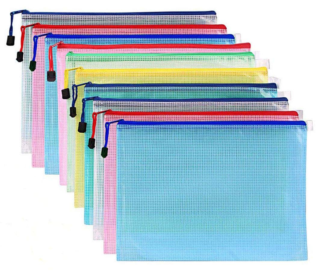 HOMEJIA 10Pcs A4 Size Durable Plastic Zip Wallets Folders Waterproof Mesh Document Bags School Stationery Organizer for Travel Packing