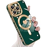 KANGHAR Magnetic for iPhone 15 Pro Max Case for Women Girls Luxury Plating Cute Love Hearts Design Compatible with Magsafe Soft TPU Bumper Shockproof Cover for iPhone 15 ProMax Cases Dark Green