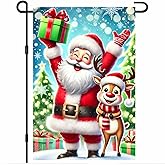 BlissYard Christmas Garden Flag 12x18 Inch Welcome Christmas Twin Outdoor Flag Double Sided Holiday Yard Banner with Santa Claus and Reindeer Snowflakes Gifts and Evergreens for Porch Lawn Patio