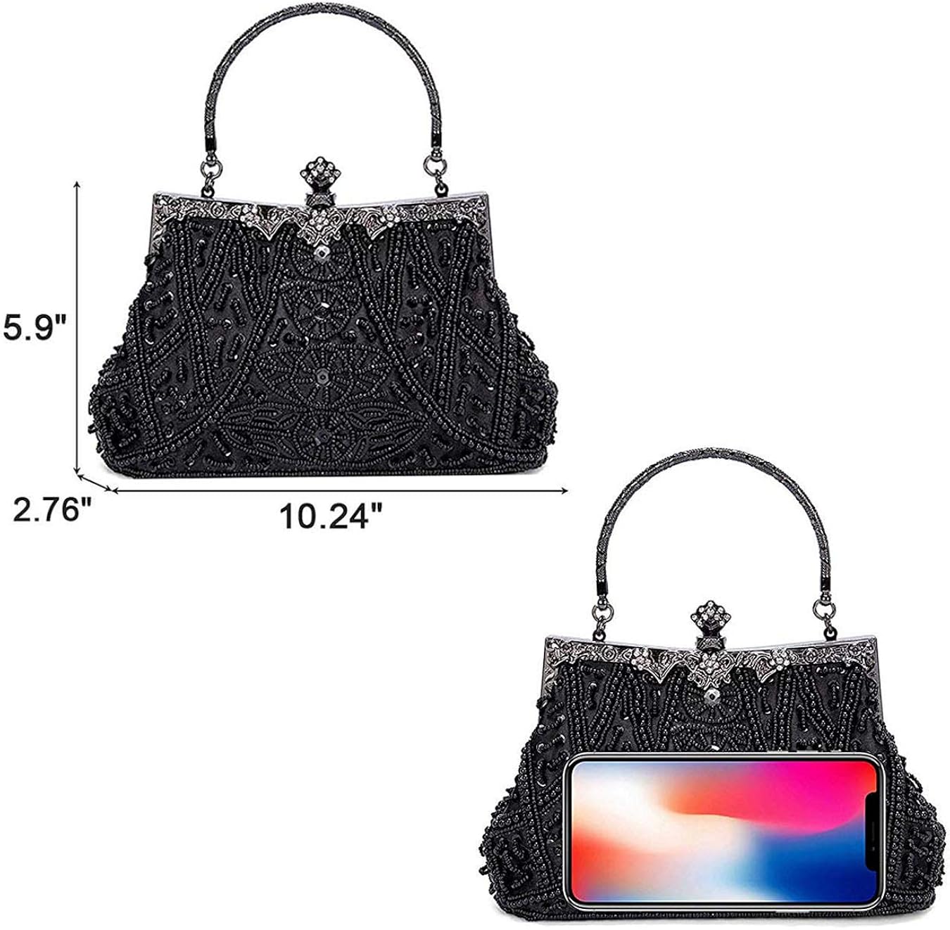 Selighting 1920s Vintage Beaded Clutch Evening Bags for Women Formal Bridal Wedding Clutch Purse Prom Cocktail Party Handbags (Black) - Image 4