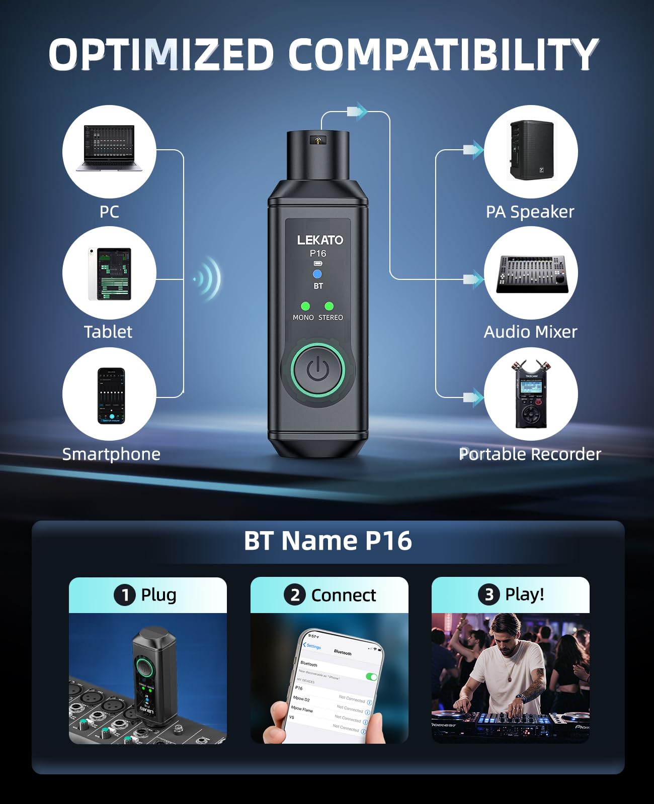 LEKATO P16 Bluetooth XLR Empfänger, Mono/Stereo Audio Receiver mit 15H Laufzeit für PA-, DJ-Systeme & Mixer 3