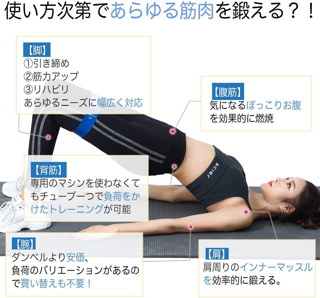 Amazon ゴムバンド エクササイズバンド 4本セット 美尻 太もも ヨガ ダイエット トレーニングチューブ フィットネスチューブ トレーニング 筋トレ 強度別 オンライン説明書 1年保証付き Acier 最新版 Acier アシエ エクササイズバンド チューブ