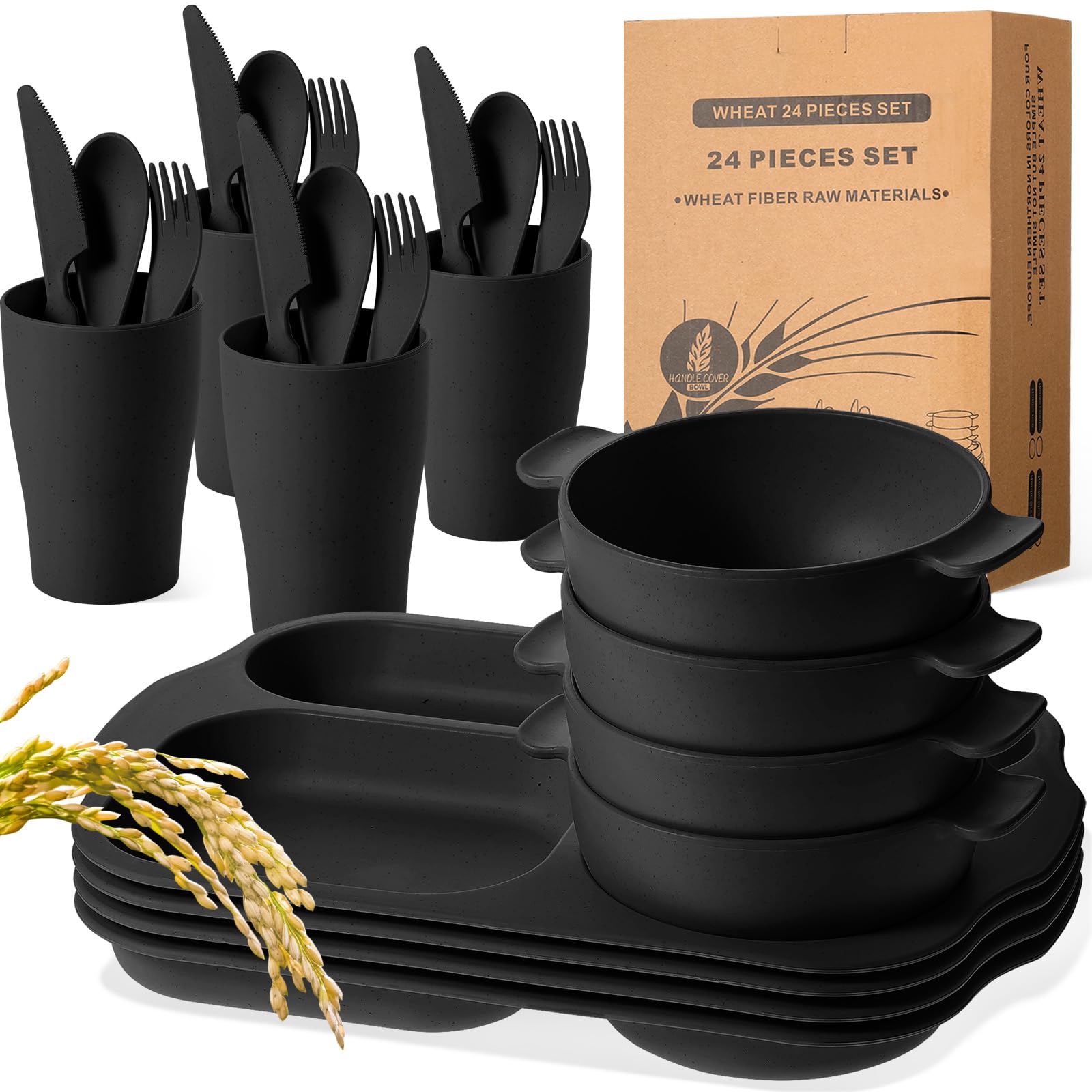 Photo 1 of 24 Pcs Wheat Straw Dinnerware Cutlery Set for Aldult Including Divided Plates Microwave Dishwasher Safe Bowl Unbreakable Tableware Straw Cutlery Spoon Knife Fork(Black)