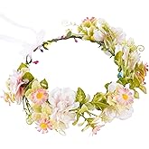 KorViSHOW Pink Flower Crown Headband, Artificial Rose Daisy Floral Headpiece, Adjustable Fairy Boho Bridal Flower Crown for Women Girls Renaissance Birthday Wedding Festivals Party Hair Accessories