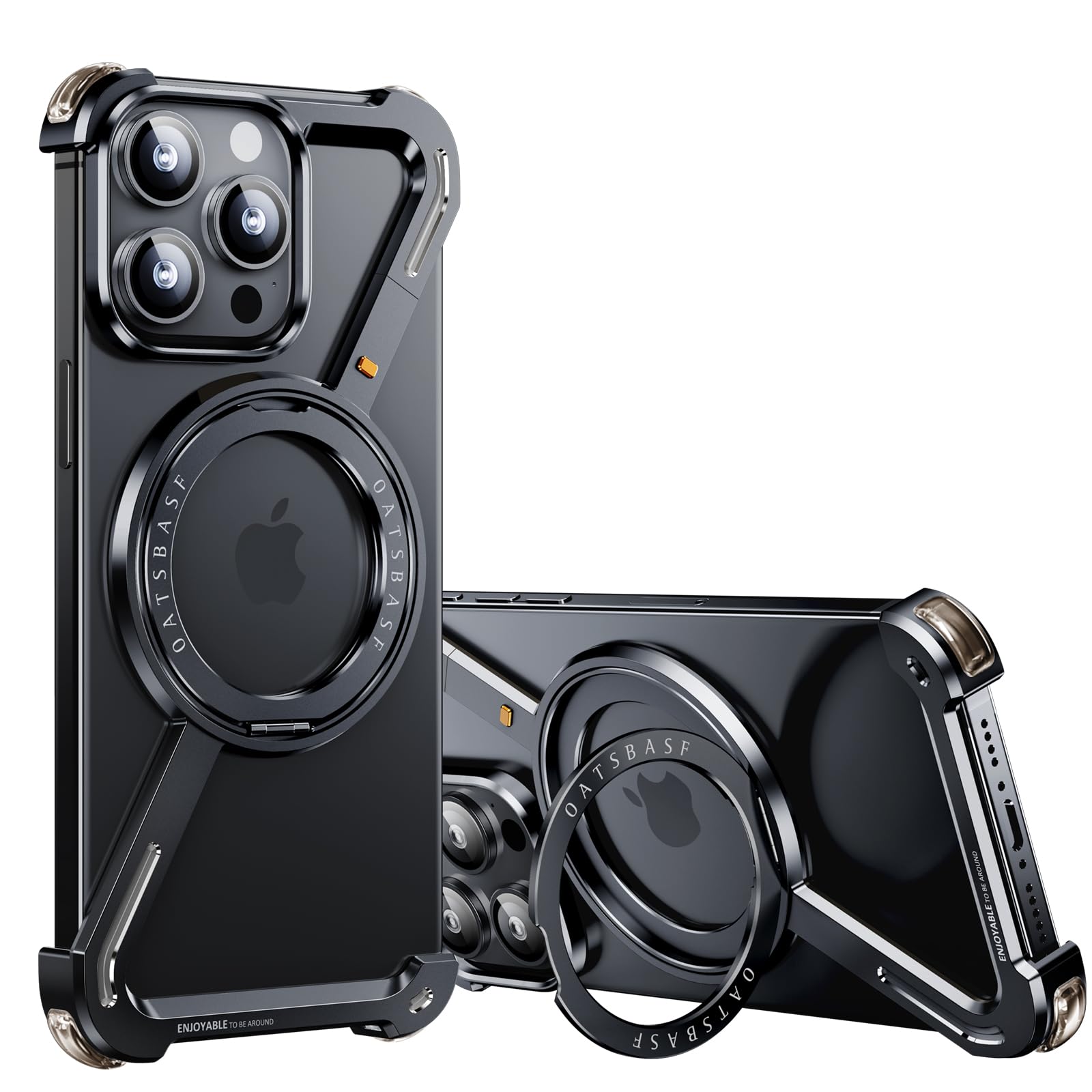 Photo 1 of OATSBASF Minimalist Phone Case Compatible with iPhone 15 Pro Max 6.7", 360° Rotation Kickstand Aluminum Metal Frameless Design Bumper Z Case, Protective Shock Grade Shell, Black
