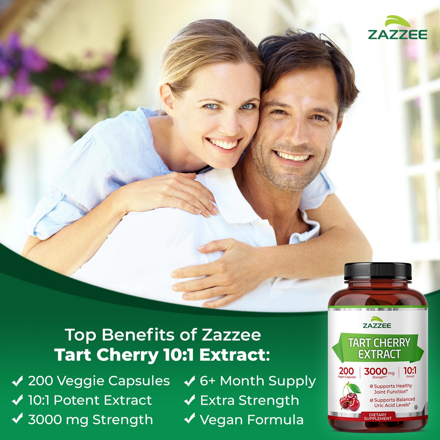 Zazzee Tart Cherry 10:1 Extract, 3000 mg Strength, 200 Vegan Capsules, 6+ Month Supply, Certified Kosher, Concentrated and Standardized 10X Extract, 100% Vegetarian, All-Natural, Gluten Free, Non-GMO