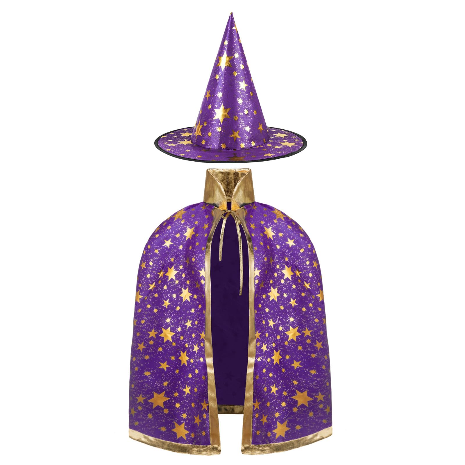AYBUY Wizard Cape Witch Cloak Kids, Witch Costume Cloak and Hats for Kids, Halloween Costume Props Costume with Golden Stars Pattern for Children, Girls Halloween Party Cosplay Costumes (Purple)