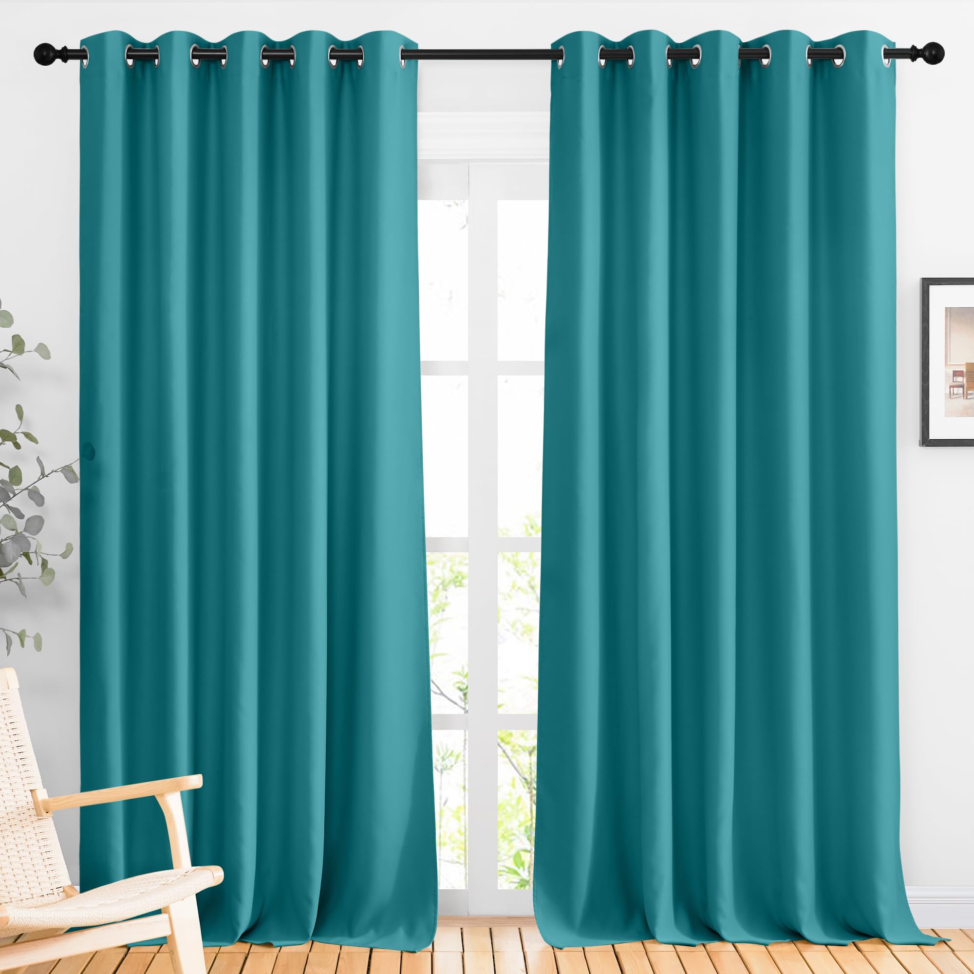 NICETOWN Bedroom Blackout 110 inch Curtains for Sliding Glass Door, Grommet Thermal Insulated Solid Window Treatments Sound Reducing for Living Room, W66 x L110, Peacock Teal, Set of 2 Image