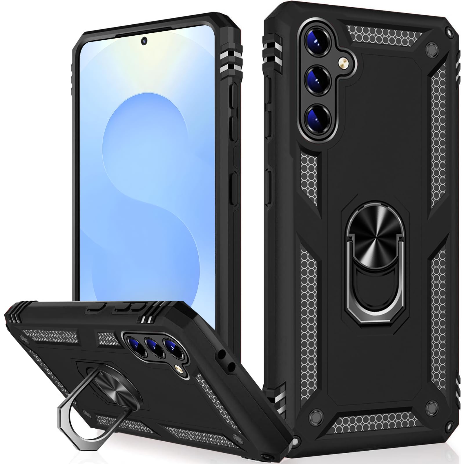 Photo 1 of ++4 PACK++Heavy Duty Case for Samsung Galaxy S25/S24 Phone Case with Metal Ring Magnetic Kickstand, Military Grade Shockproof Rugged Protective Cover for Samsung S25 5G Cell Phone Cover Shell (Black)