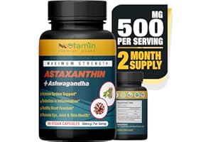 NOOTAMIN NATURALS Nootamin Extra Strength Astaxanthin 15mg Supplement with Ashwagandha, 60 Vegan Capsules, Bioavailable Daily Immune Defense and Cardiovascular Support, Promotes Eye, Skin, Joint Health