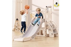 Babytronic Toddler Slide, 6 in 1 Kids Indoor Slide for Toddlers 1-3, Baby Indoor and Outdoor Climber Playset, Kids Slide with Basketball Hoop and Telescope, Toddler Outdoor Playground(White&Gray)