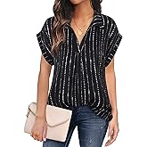 Messic Womens Short Sleeve Blouses Collared V Neck Shirts Chiffon Summer Business Casual Tops