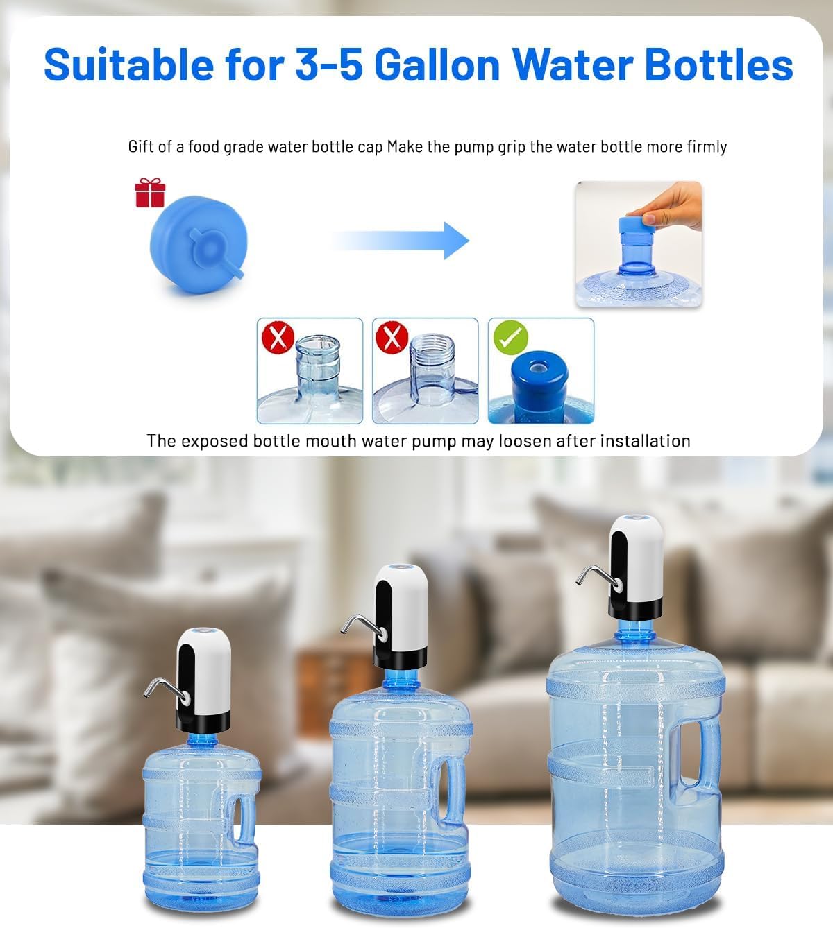 Myvision Water Dispenser for 5 Gallon Bottle,Portable USB Charging Electric Water Pump, Drinking Water Jug Pump for Home, Kitchen, Living Room, Office,Camping,Universal for 3-5 Gallon (White)